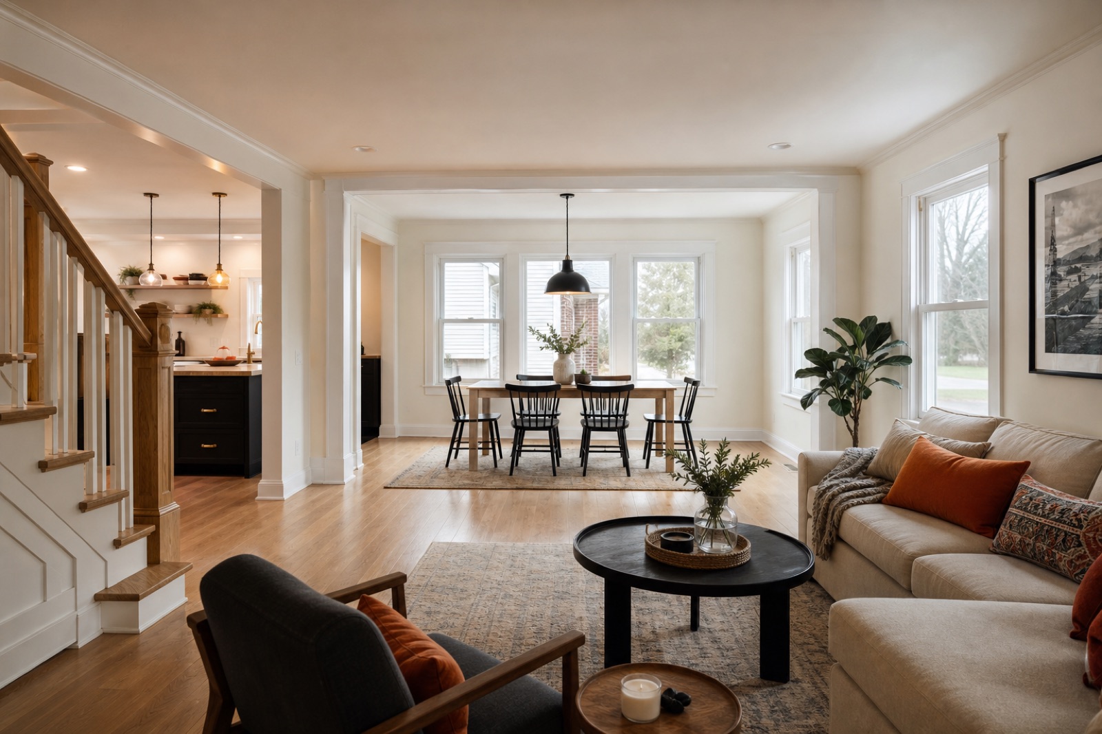 Open living and dining space in a remodeled Cleveland-area home