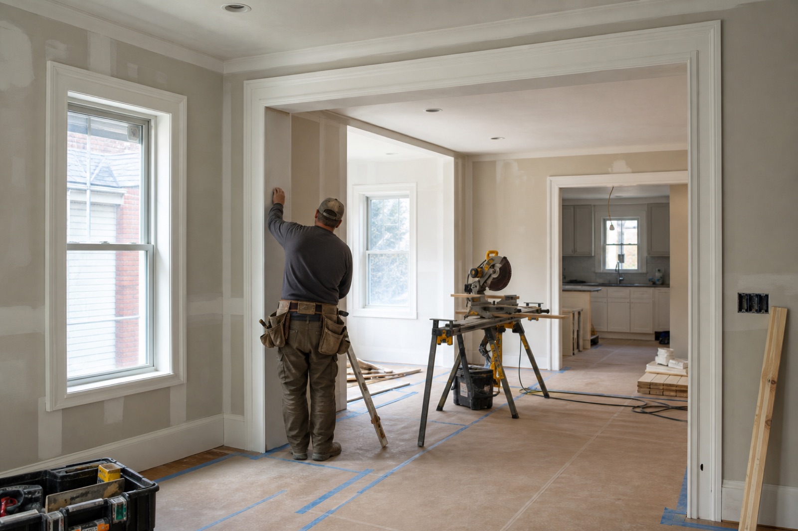 Craftsperson finishing drywall and trim inside a protected work area